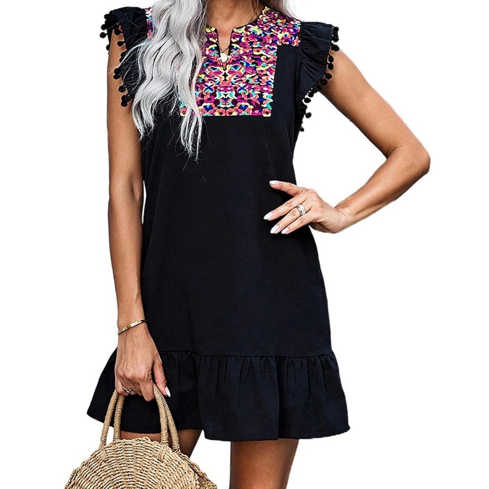 KIRUNDO Women's Summer Mini Dress Casual V Neck Floral Embroidered Ruffle Sz‎ M